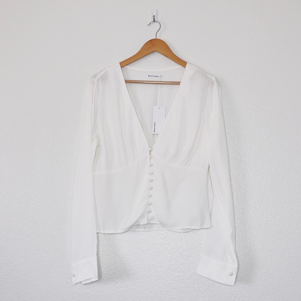 Reformation Fulham Long Sleeve Buttoned Ivory Top - Picture 3 of 7